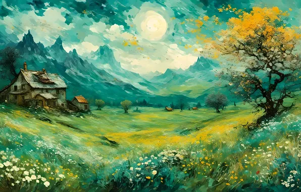 Greens, field, summer, clouds, landscape, flowers, mountains, nature