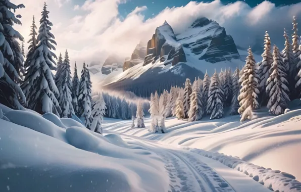 Winter, frost, road, forest, the sky, clouds, snow, mountains