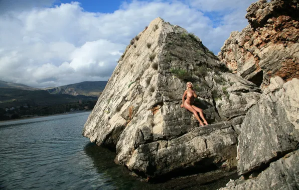 The sky, lake, rocks, naked, blonde, Jana, Jenny McClain, Jacquetta