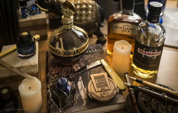 Candles, alcohol, knife, bottle, handle, still life, ink