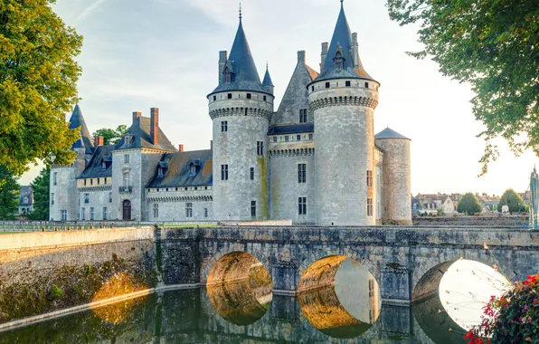 Picture the sky, clouds, trees, landscape, flowers, bridge, pond, castle