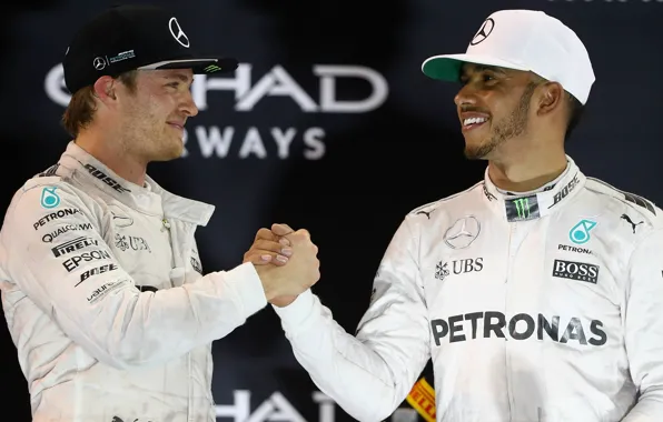 Formula 1, Mercedes, Lewis Hamilton, handshake, partners, Nico Rosberg, rivals