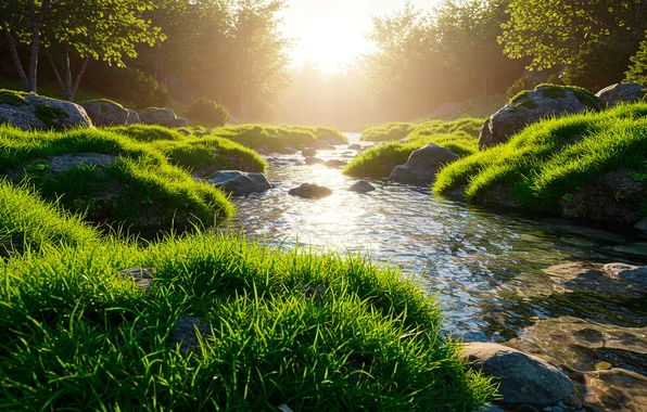 Grass, the sun, close-up, nature, stream, stones, Wallpaper