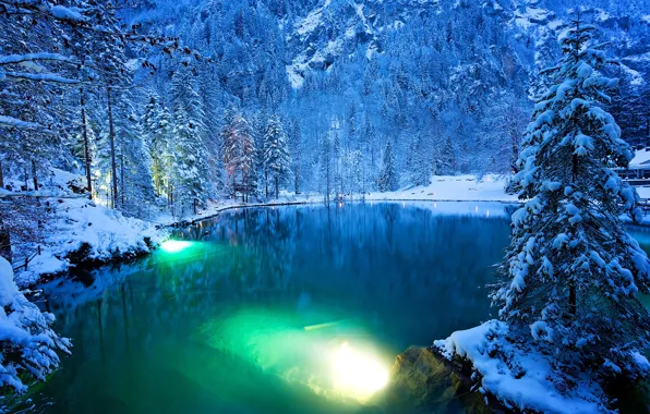 Winter, forest, water, snow, trees, mountains, lights, lake
