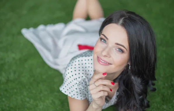 Grass, red, nature, green, smile, actress, brunette, ring