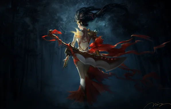 Picture forest, girl, night, weapons, bird, dark, sword, bamboo