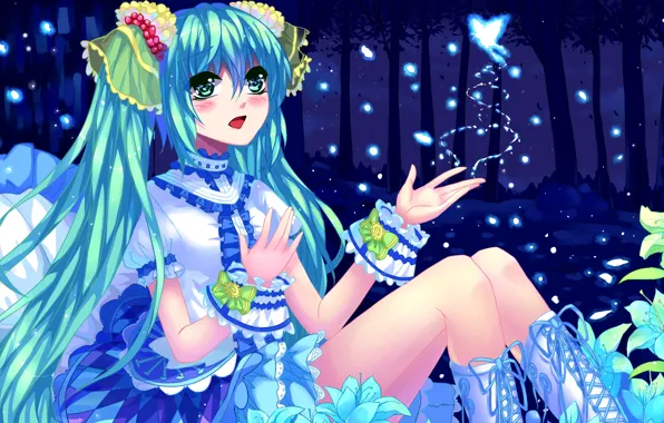 Forest, girl, trees, nature, fireflies, butterfly, anime, art