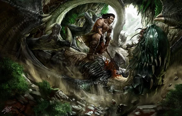 Picture weapons, dragon, monster, art, male, cave, battle, axe