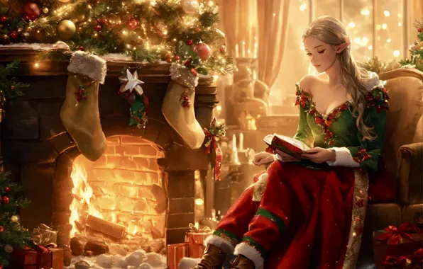 Girl, room, fire, holiday, window, fantasy, Christmas, gifts