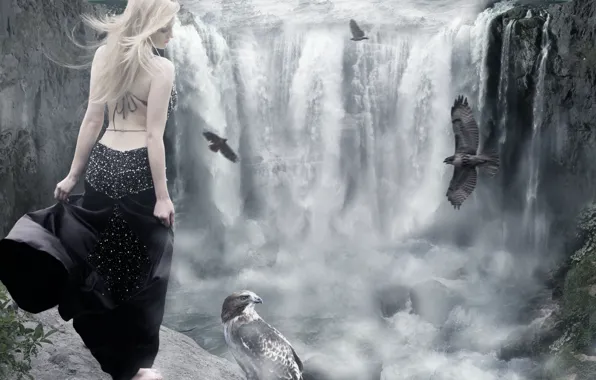 Water, girl, birds, back, waterfall, dress, blonde, profile