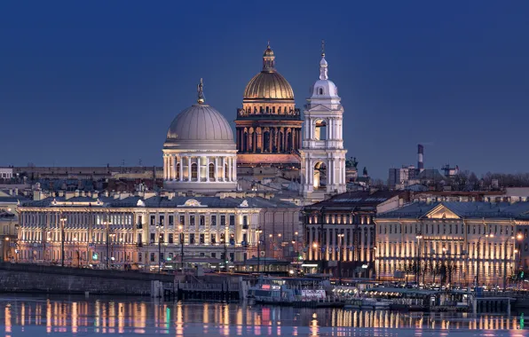 The city, river, the evening, Peter, lighting, Saint Petersburg, architecture, dome