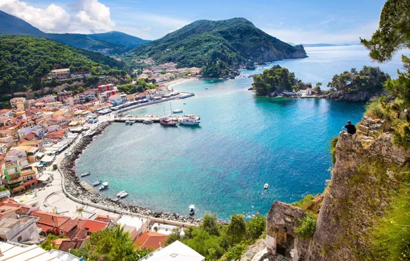 Picture sea, mountains, rock, coast, people, home, Bay, yachts