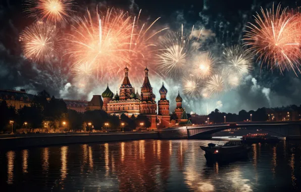 The sky, night, the city, holiday, view, building, salute, Moscow