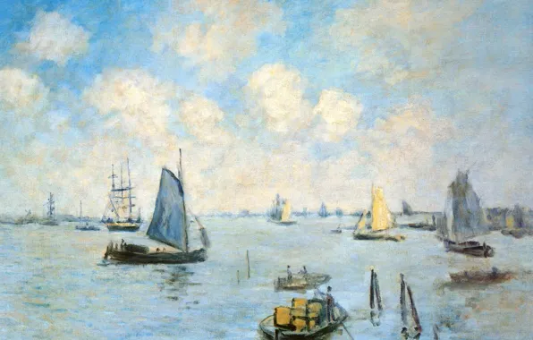 Picture boat, ship, picture, sail, seascape, Claude Monet, The sea in Amsterdam