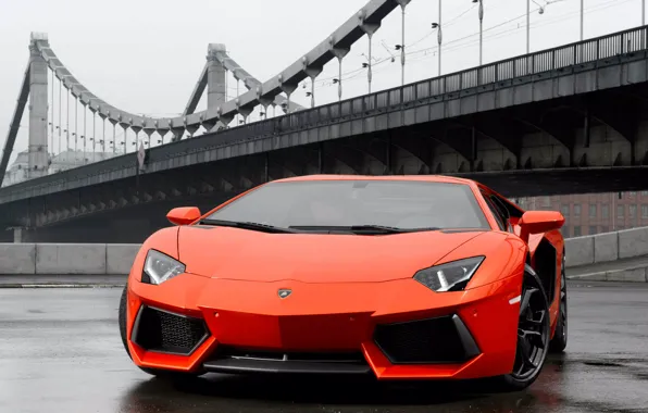 Bridge, rain, lamborghini, front view, Lamborghini, aventador lp700-4, avantart
