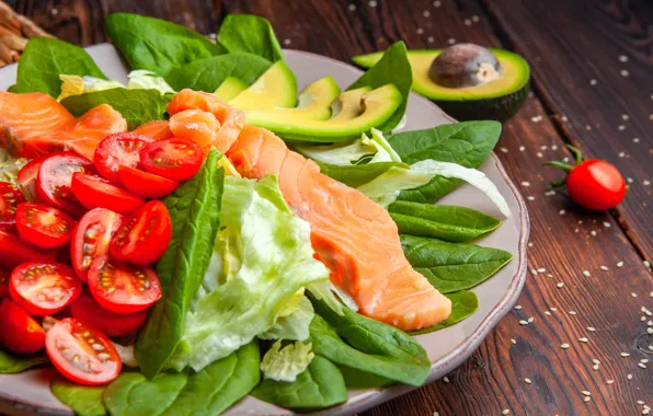 Greens, fish, tomatoes