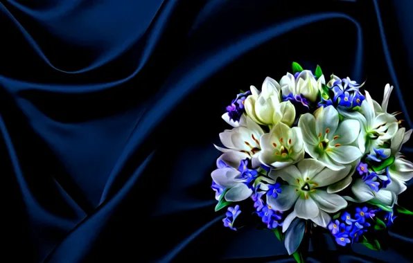 Flowers, rendering, picture, dark blue background, spring bouquet, silk fabric