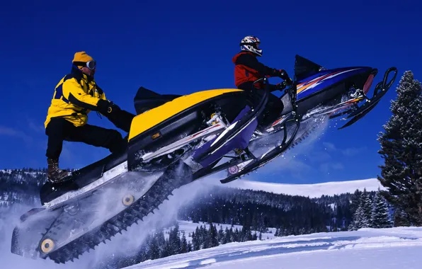 Picture winter, the sky, jump, snowmobiles
