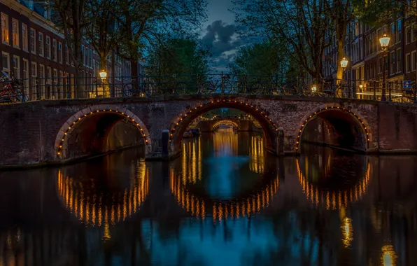 Trees, bridge, building, home, Amsterdam, lights, channel, Netherlands