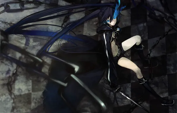 Girl, weapons, magic, sword, chain, black rock shooter, scar, art