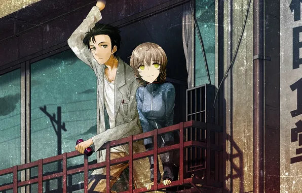 Picture girl, anime, art, characters, Bank, balcony, guy, Steins;Gate