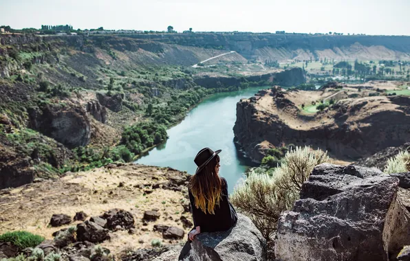 Water, girl, hat, glasses, sitting