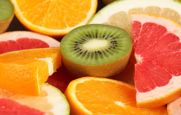 Oranges, kiwi, lime, fruit, grapefruit