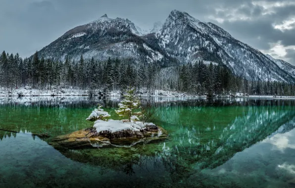 Winter, forest, snow, mountains, lake, reflection, ate, Bayern