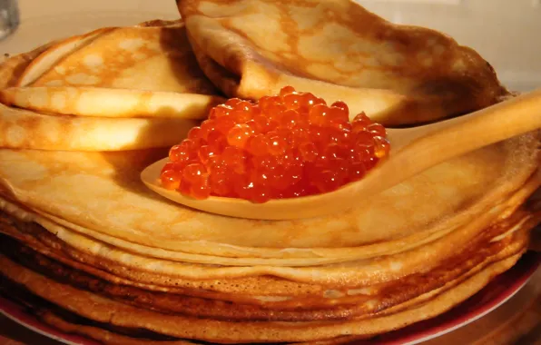 Spoon, yummy, wooden, caviar, pancakes, granular