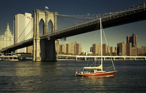 Picture river, building, New York, yacht, Brooklyn bridge, New York City, Brooklyn Bridge, East River