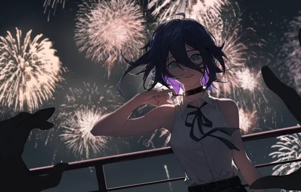 The sky, girl, hands, fireworks, Chainsaw Man, Pray
