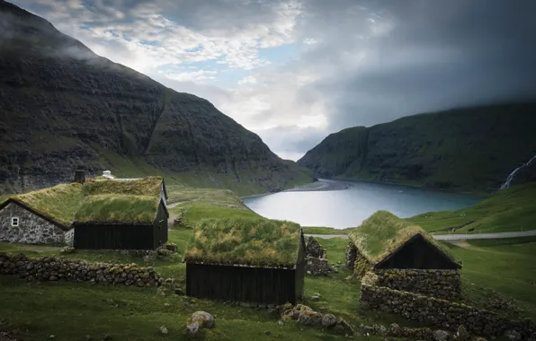 Mountains, shore, house, Iceland, pond, Faroe Islands, The Faroe Islands