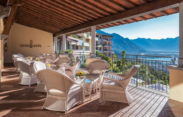 Mountains, lake, Villa, Switzerland, chairs, the hotel, terrace, Maggiore