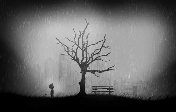 Grass, tree, the game, grass, game, tree, limbo, black and white