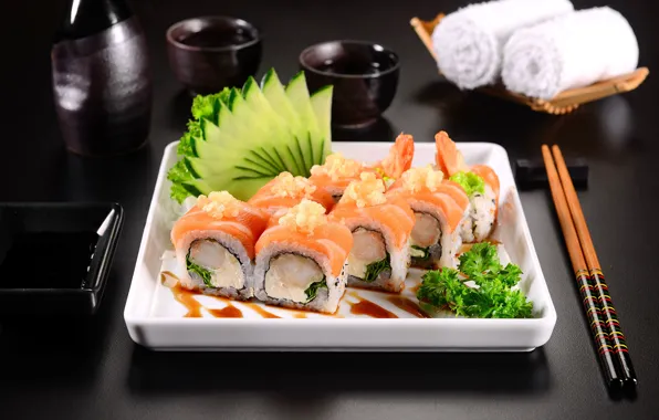Fish, sticks, cucumber, plate, sauce, rolls, serving