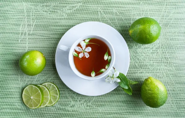 Flowers, table, tea, Cup, lime, drink, saucer