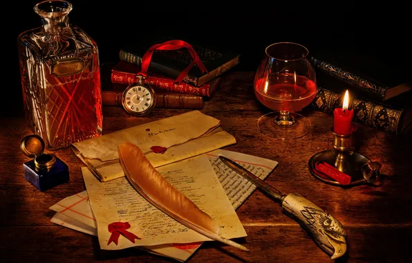 Candles, Bottle, Glasses, Book, Feathers, Letter, Food, Still life