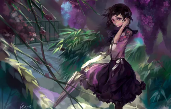 Flowers, branches, the wind, foliage, umbrella, girl, veranda, art