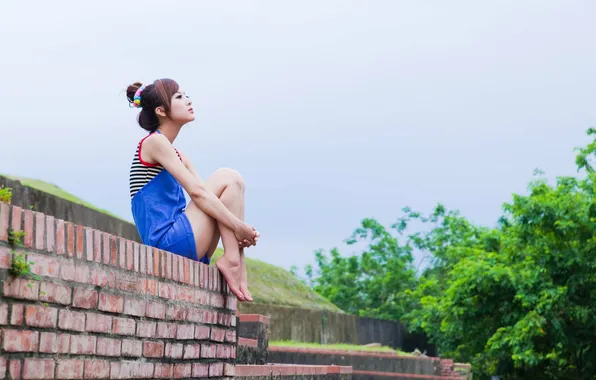Girl, wall, Wallpaper, Asian, sitting