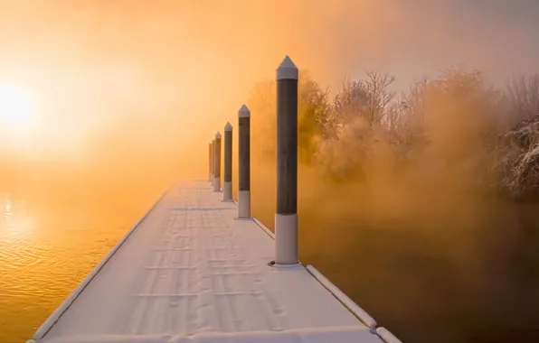 Snow, sunset, bridge, fog, lake, color