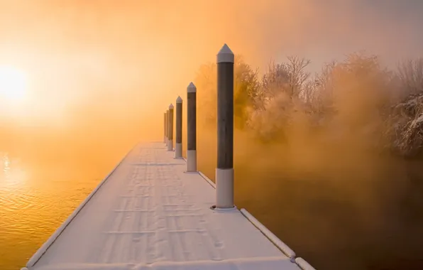 Picture snow, sunset, bridge, fog, lake, color