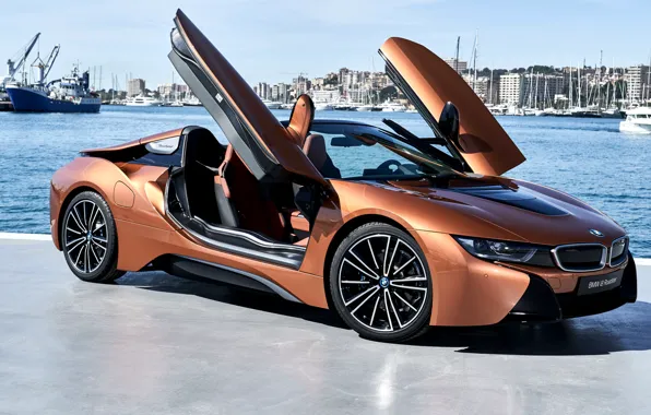 Roadster, side view, harbour, 2018, BMW i8