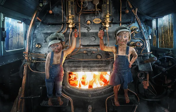 Picture children, girls, the engine, furnace, firemen