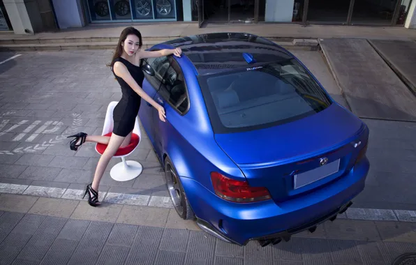 Picture look, Girls, BMW, dress, chair, Asian, beautiful girl, blue auto