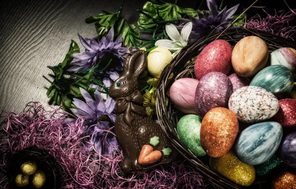 Picture flowers, chocolate, hare, eggs, Easter, colorful, Easter