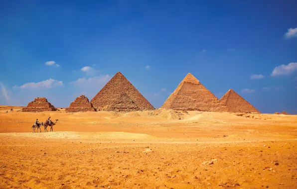 Sand, the sky, clouds, blue, people, desert, Egypt, pyramid