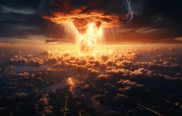 Clouds, Fire, Mushroom, The explosion, Digital art, A nuclear explosion, AI art, Nuclear weapon
