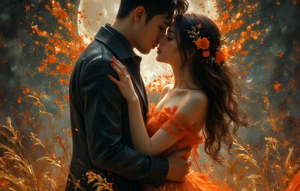 Field, girl, love, the moon, kiss, hugs, guy, AI art