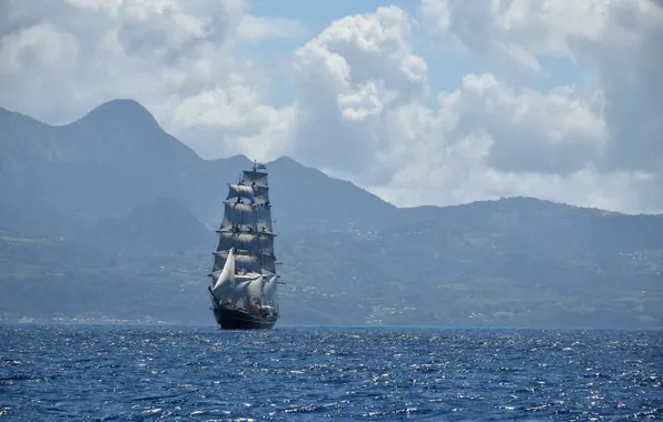 Sea, mountains, sailboat, The Caribbean sea, Martinique