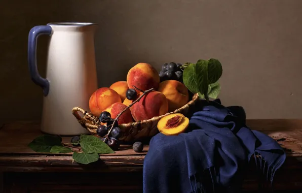 Branches, fabric, pitcher, still life, peaches, plum